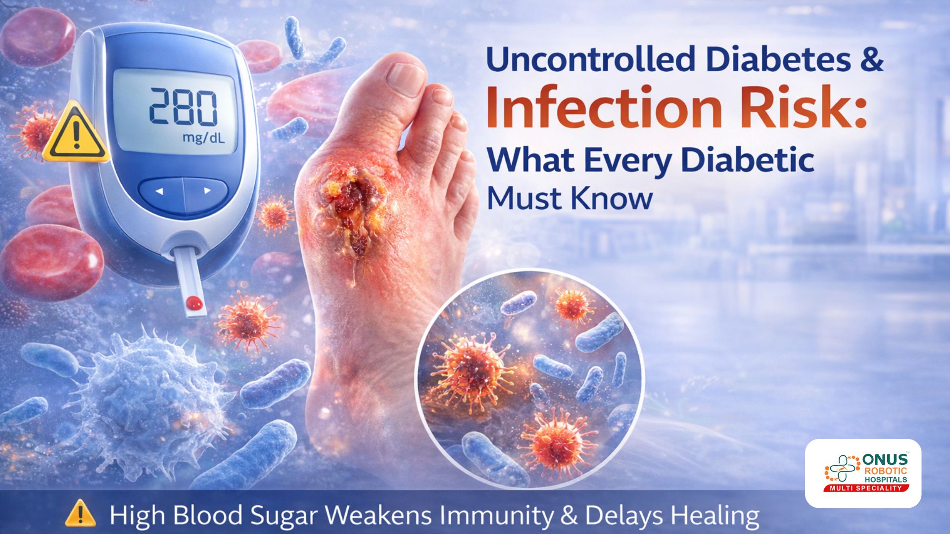 Uncontrolled Diabetes & Infection Risk: What Every Diabetic Must Know – By Dr. Balaraju Naidu, Robotic Orthopedic Surgeon, ONUS Robotic Hospitals