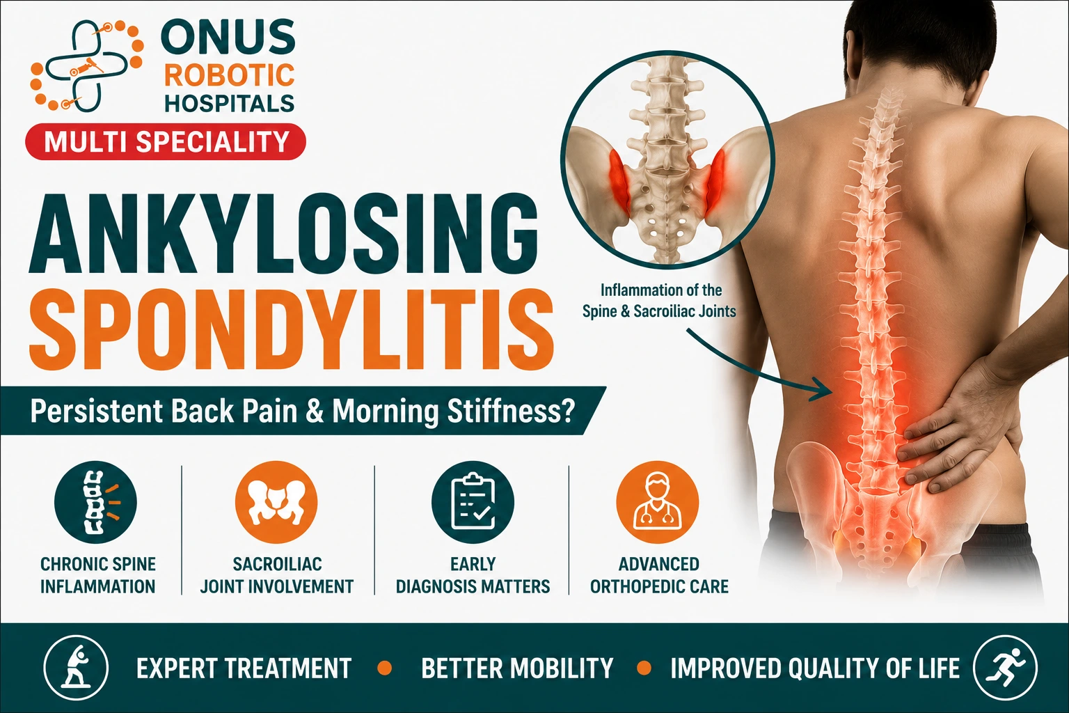 Ankylosing Spondylitis: Early Signs, Causes, Diagnosis, and Treatment- By Dr. Balaraju Naidu, Robotic Orthopedic Surgeon, ONUS Robotic Hospitals