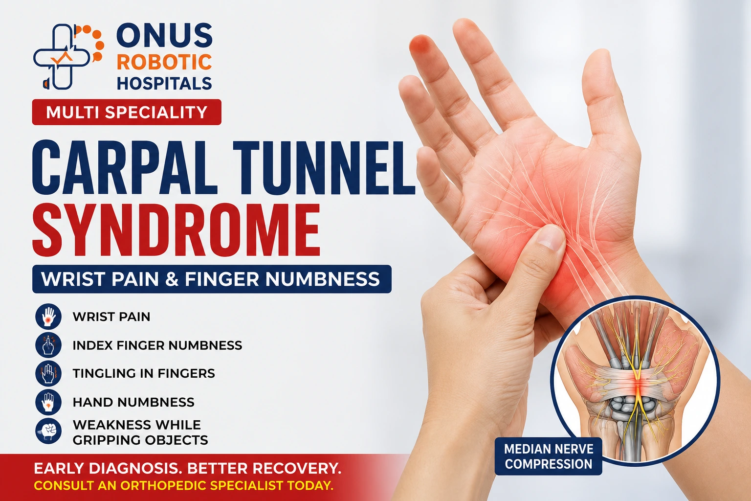 Carpal Tunnel Syndrome: Causes, Symptoms, Diagnosis & Treatment for Wrist Pain and Finger Numbness- By Dr. Balaraju Naidu, Robotic Orthopedic Surgeon, ONUS Robotic Hospitals