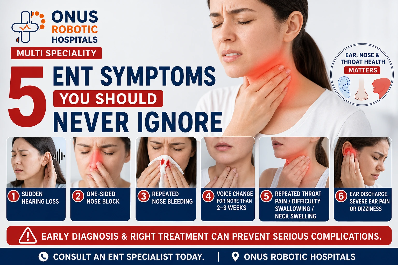 5 ENT Symptoms You Should Never Ignore- By Consultant ENT Head & Neck Surgeon, ONUS Robotic Hospitals