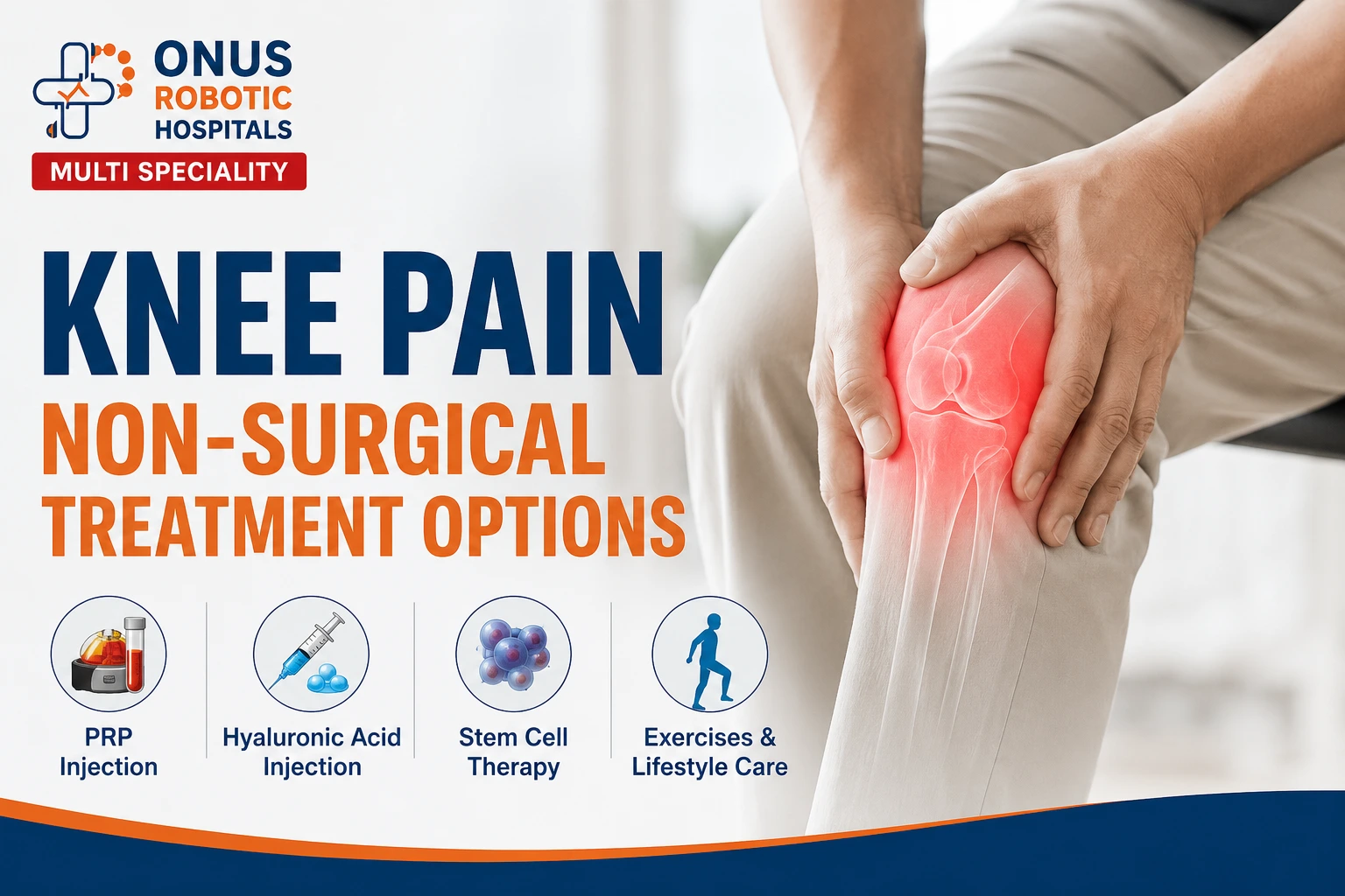 Non-Surgical Treatment for Knee Pain and Arthritis: PRP, Hyaluronic Acid & Stem Cell Therapy Explained – By Dr. Balaraju Naidu, Robotic Orthopedic Surgeon, ONUS Robotic Hospitals